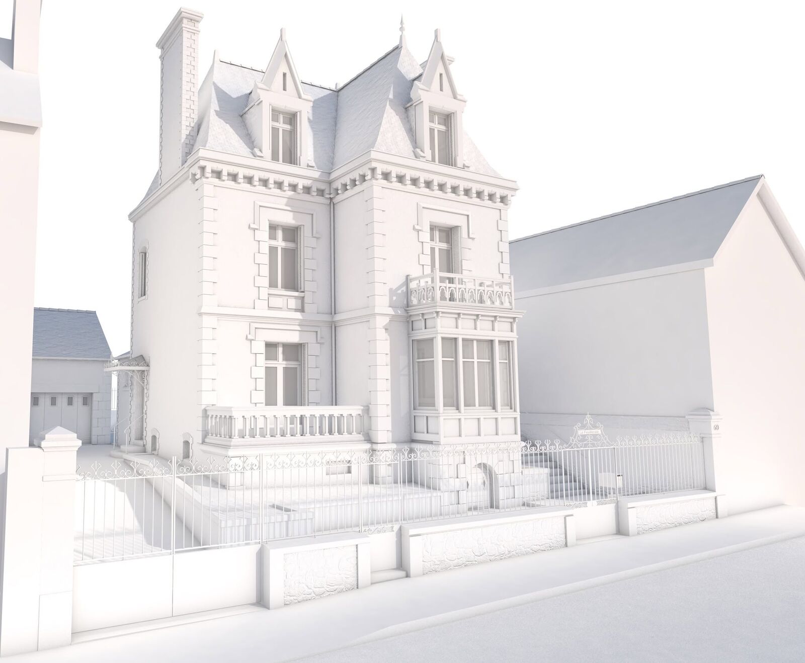 Maquette 3D blanche d'une maison bourgeoise à lucarnes
