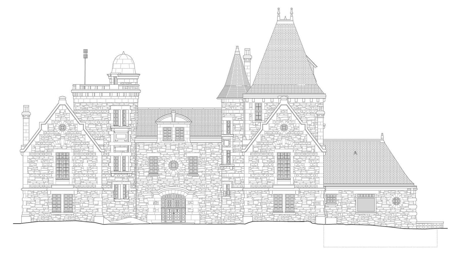 Façade sud-est d'un manoir en pierre, redessinée au 1:100