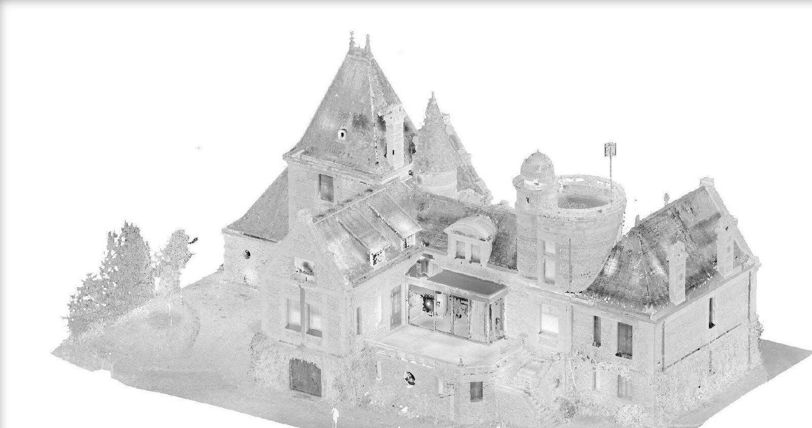Nuage de points d'un manoir à tourelles et de ses abords