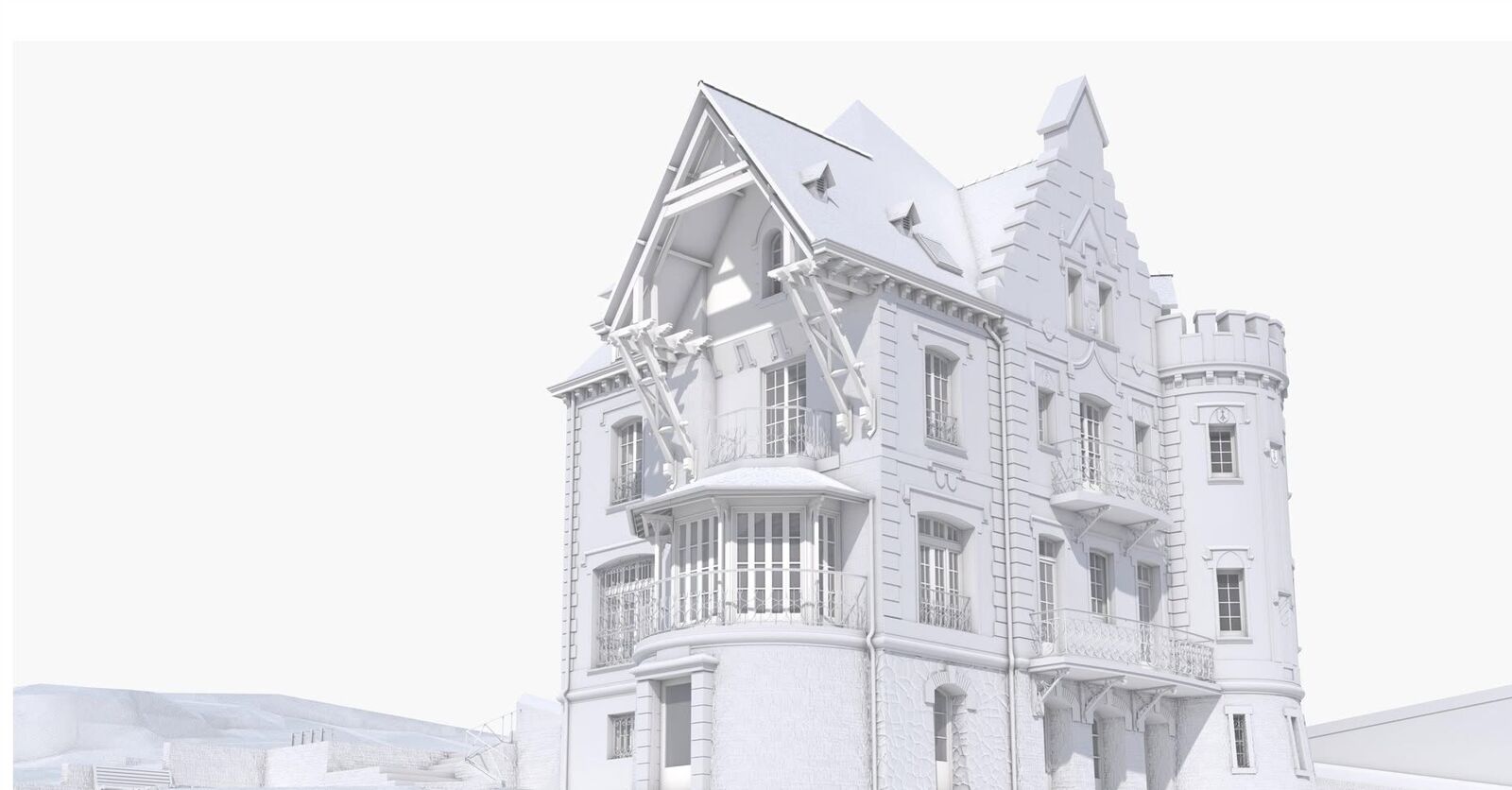 Maquette 3D d'une villa à tour crénelée, vue nord-est